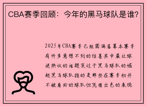 CBA赛季回顾:今年的黑马球队是谁?