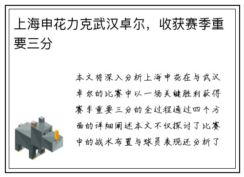 上海申花力克武汉卓尔，收获赛季重要三分